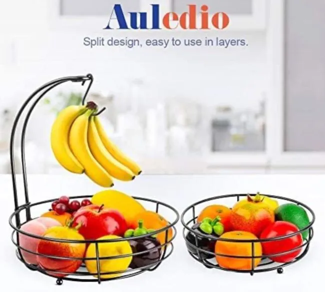 Iron 2-Tier Countertop Fruit Vegetables Basket Bowl Storage With Banana Hange