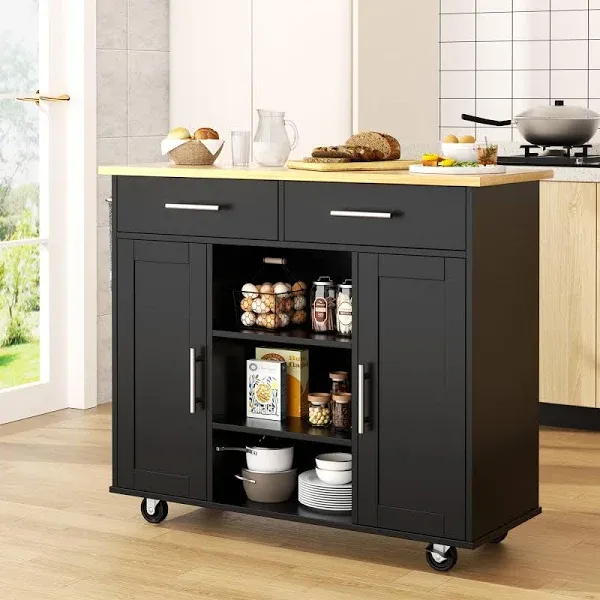 Shintenchi Kitchen Island with Storage, Kitchen Island Cart on Wheels with 3 Open Shelves, 2 Drawers and 2 Cabinets