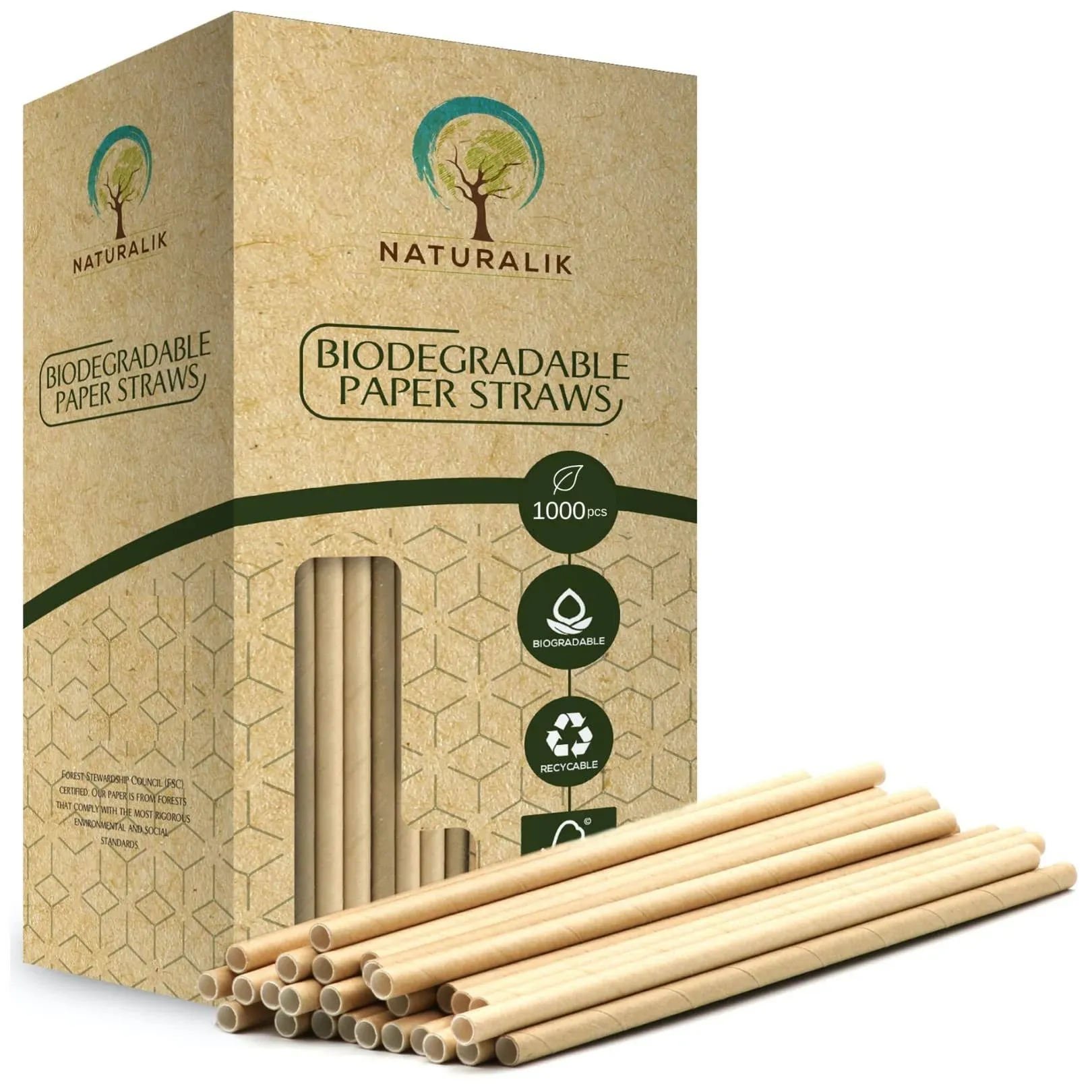 1000-Pack Sturdy Biodegradable Paper Straws Heavy-Duty, Dye-Free, Eco-Friendly Sturdy Paper Straws Bulk Drinking Straws for Smoothies, Restaurants and Party Decorations 7.7" (Brown, 1000pc)