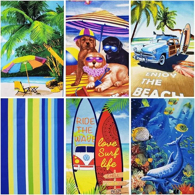 Ashley Mills 6 Pack Microfiber Beach Towels, Quick Dry Microfiber Pool Towels, Lightweight Beach Towel, Sand Proof Soft Beach Accessories, 70cm x 140cm 225 GSM Assorted Design for Men & Women.