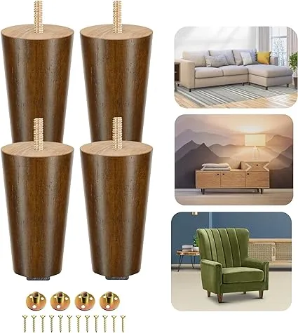 Yes4All 4&#039;&#039; Round Wooden Furniture Legs, Brown, Set of 4 with Levelers