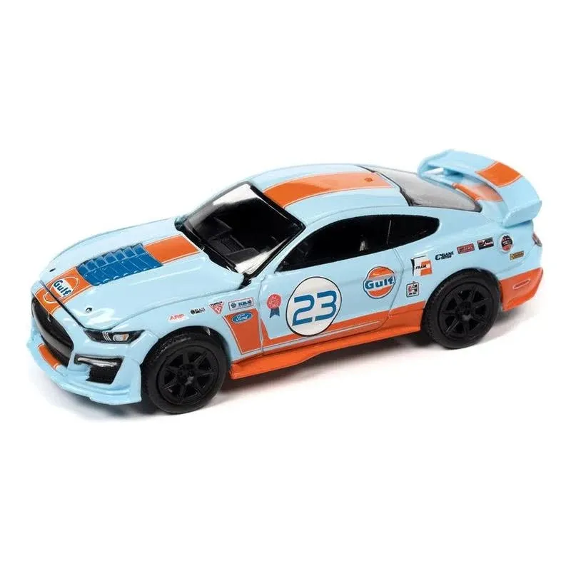 2022 Ford Mustang Shelby GT500 #23 Light Blue with Orange Stripes "Gulf Oil" Limited Edition to 4800 pieces Worldwide 1/64 Diecast Model Car by Auto World