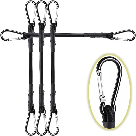 Carabiner Bungee Cords 2 ft Bungie Strap with Clips for Camping,Kayak, Cargo, Bike, Black 24 inch 4 Pcs