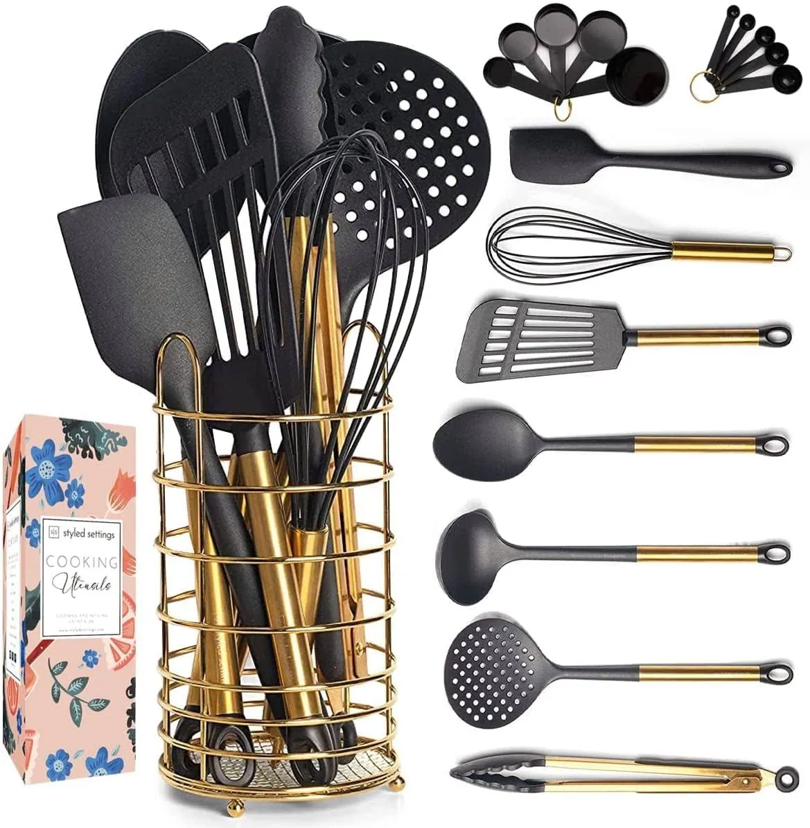 Black and Gold Kitchen Utensils with Stainless Steel Gold Utensil Holder -18 ...