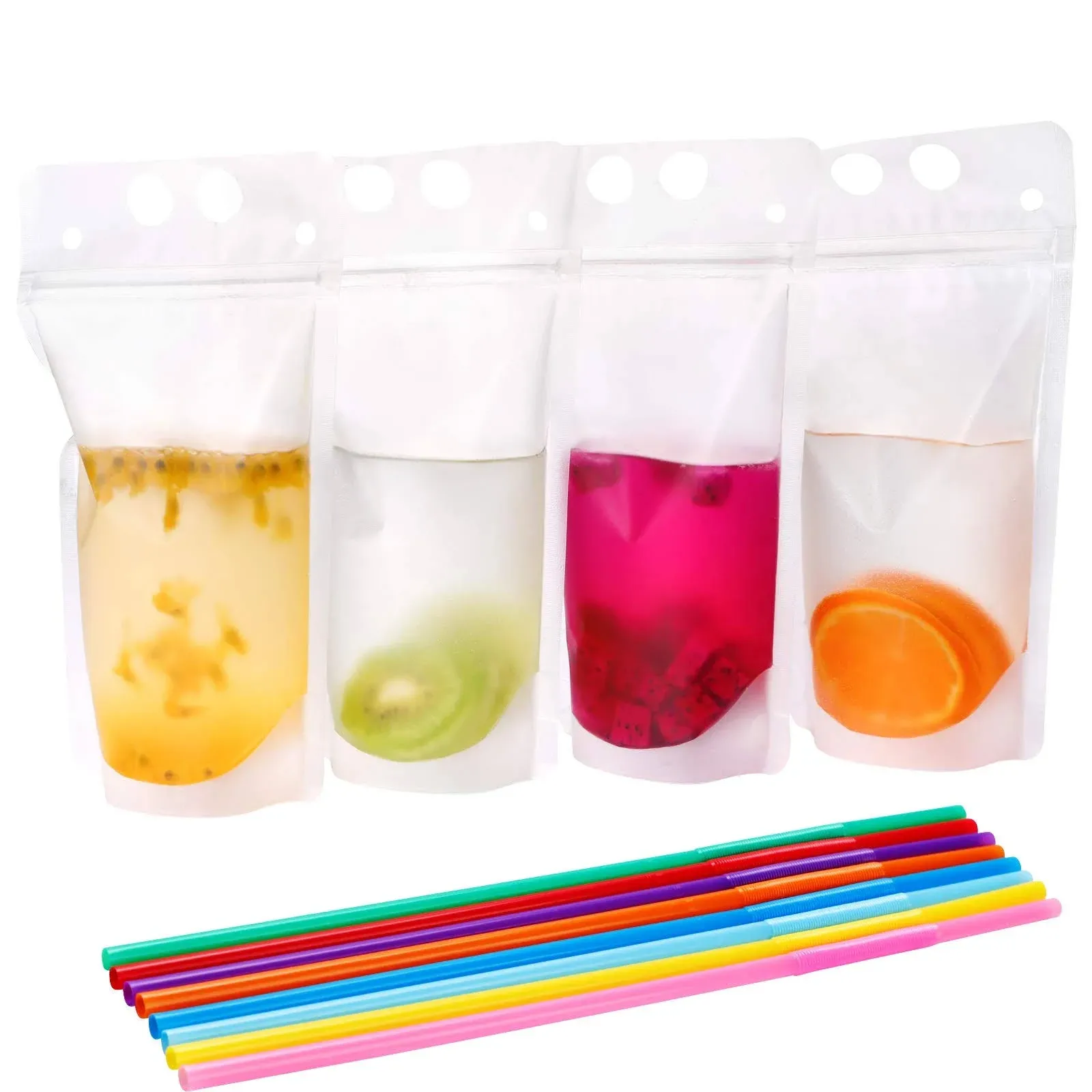 200PCS Drink Pouches for Adults with Straws, Heavy Duty Hand-held Translucent Reclosable Plastic Smoothie Drink Pouches with 200 Straws