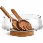 KITEISCAT Extra Large Glass Salad Bowl Set - Salad Bowls for Party with Acacia Wood Base and Salad Serving Utensils - Elegant and Practical Kitchen Must-Have