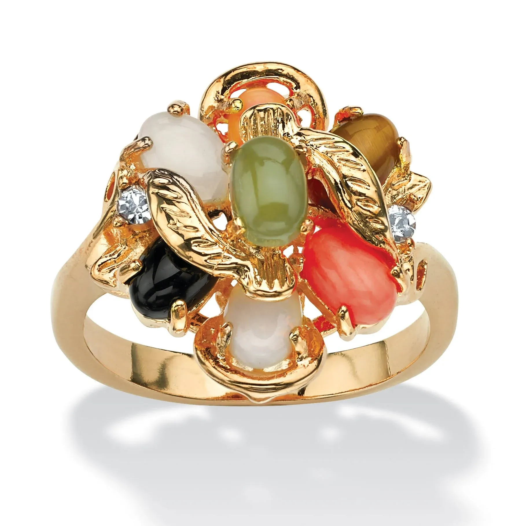 Palmbeach Jewelry Coral, Opal, Jade, Onyx And Tiger's-Eye Cluster Ring In Gold-Plated, Green, 7