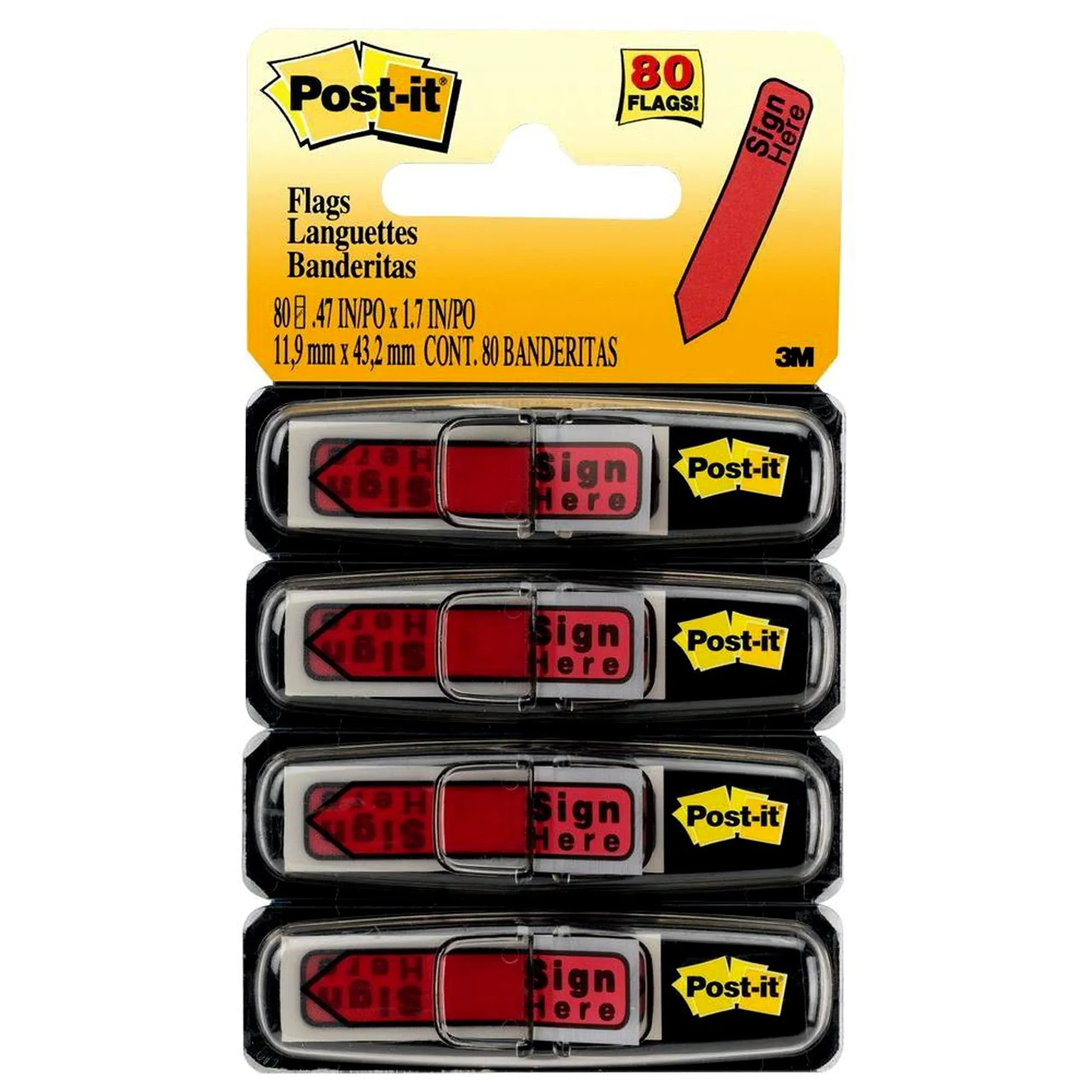 Post-it Message Flags, "Sign Here", 20/Dispenser, 4 Dispensers/Pack, 0.47 in Wide, Red (684-RDSH)