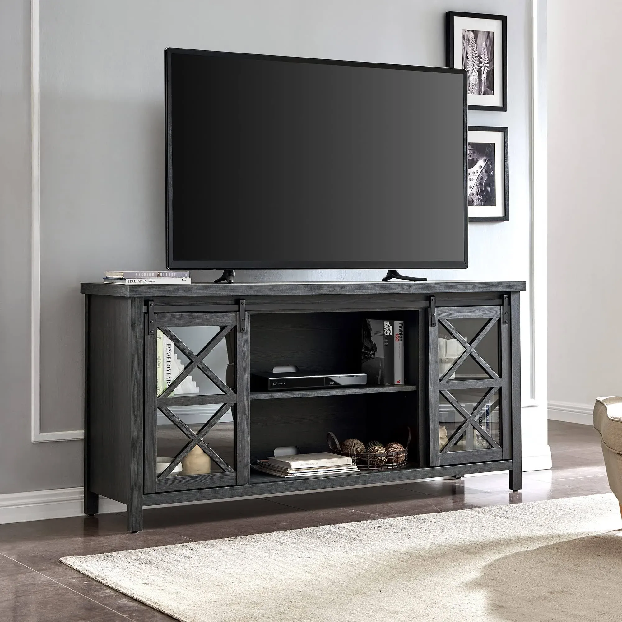 Clementine Rectangular TV Stand for TV\'s up to 75" in Charcoal Gray