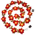 2PK 6FT Christmas Pre Lit Decoration Garland Poinsettia Garland with Red Berries & Holly Leaves, Christmas Garland,Artificial Poinsettia Garland(Red)