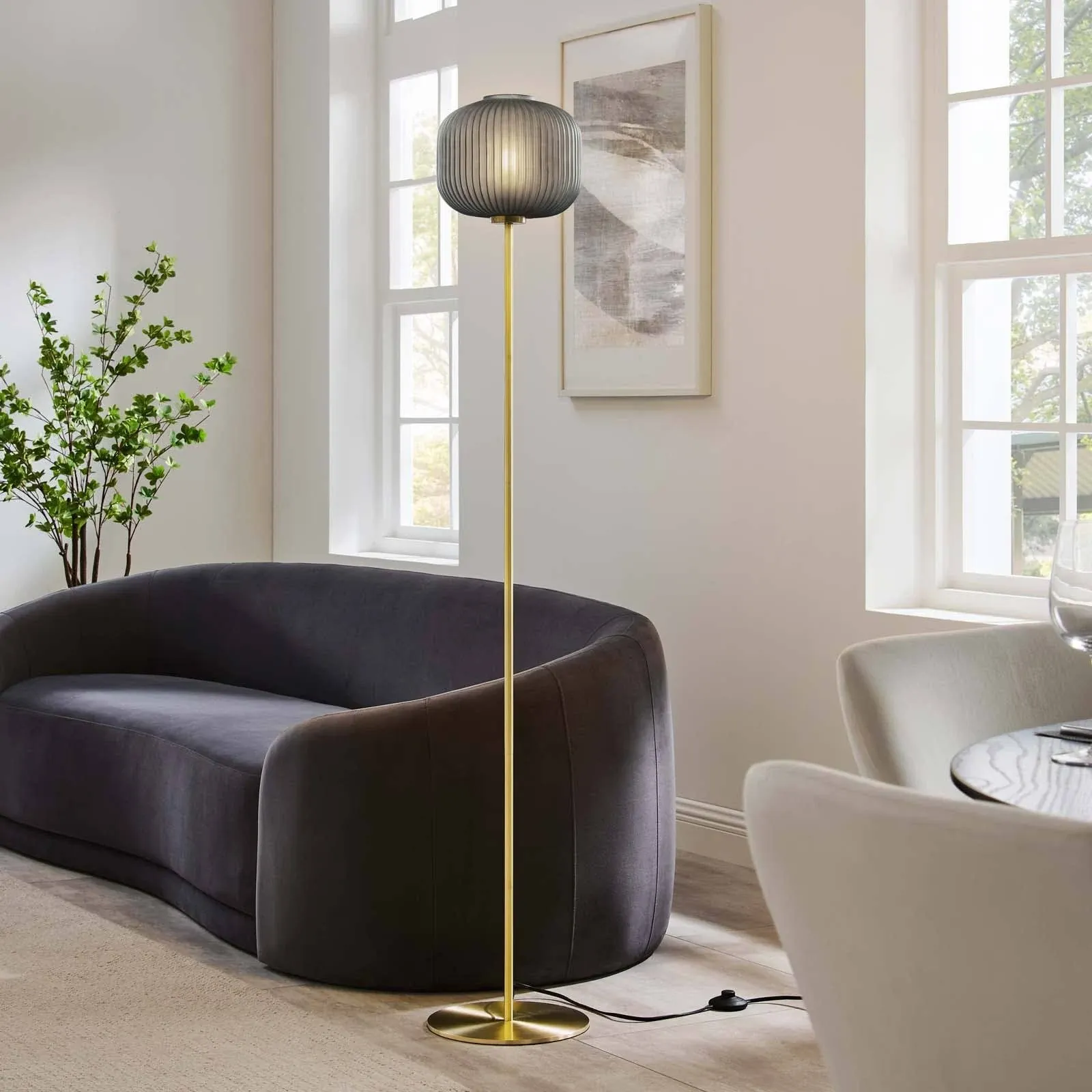 Modway Reprise Glass Sphere Glass and Metal Floor Lamp in Black Satin Brass