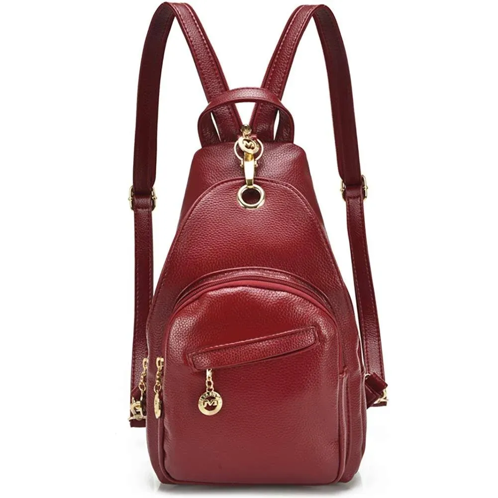 Small Leather Convertible Backpack Sling Purse Shoulder Bag for Women Burgundy