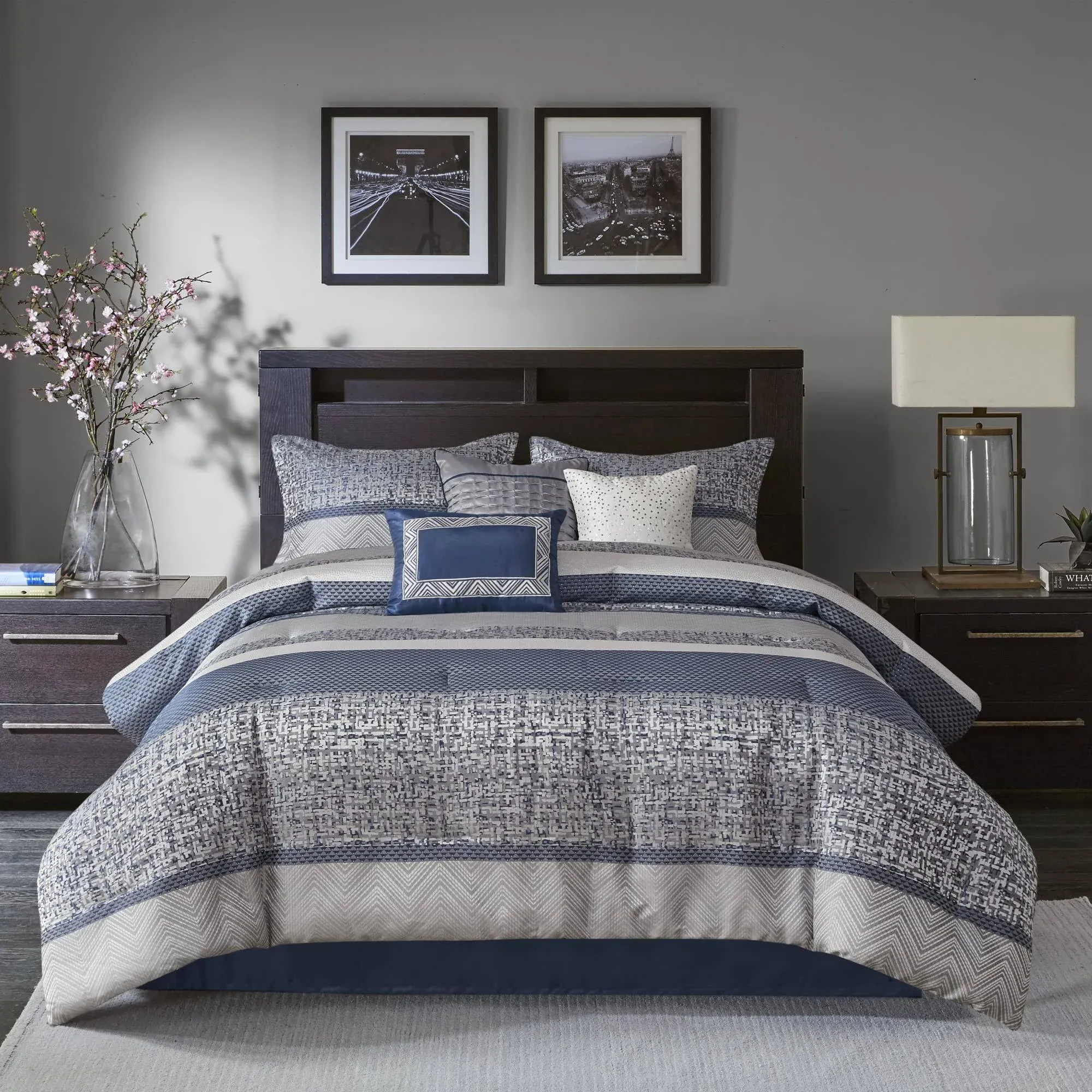 Madison Park - Rhapsody 7 Piece Jacquard Comforter Set - Queen - Navy