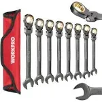 WORKPRO 8-Piece Flex-Head Ratcheting Combination Wrench Set, SAE 5/16-3/4 in, 72-Teeth, Cr-V Nickel Finish with Organizer Bag