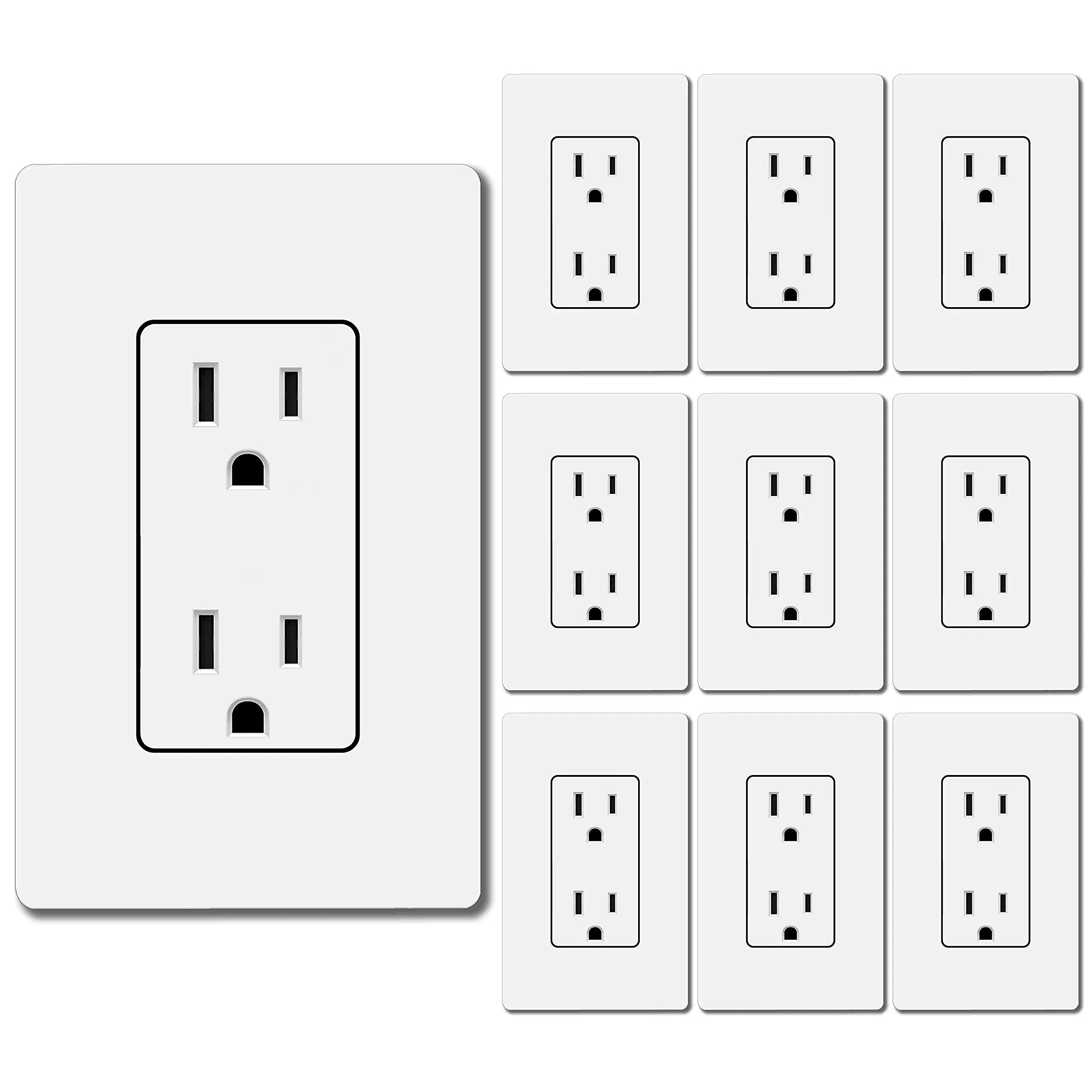 BESTTEN 15 Amp Decor Wall Receptacle, Standard Electrical Wall Outlet, Decorative Screwless Wallplate Included, 15A/125V/1875W, UL Listed, 10 Pack, W