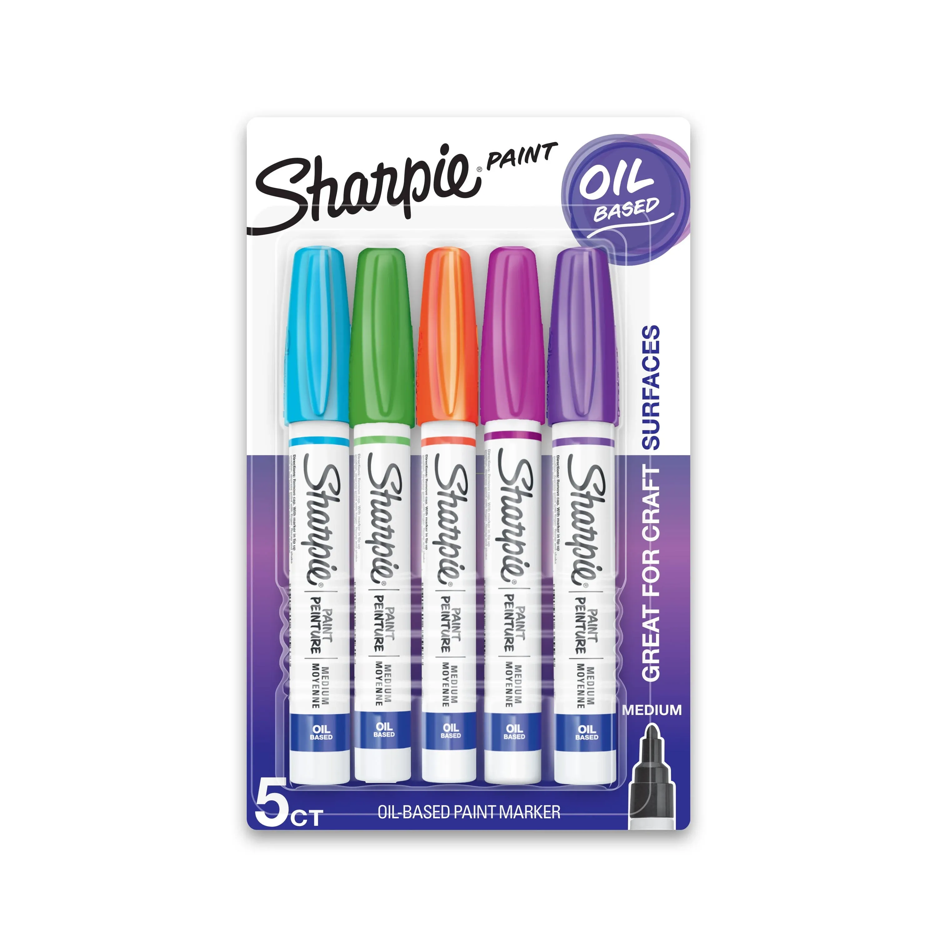 Sharpie 5 OIL-BASED PAINT MARKERS MEDIUM POINT PURPLE PINK GREEN ORANGE BLUE NEW