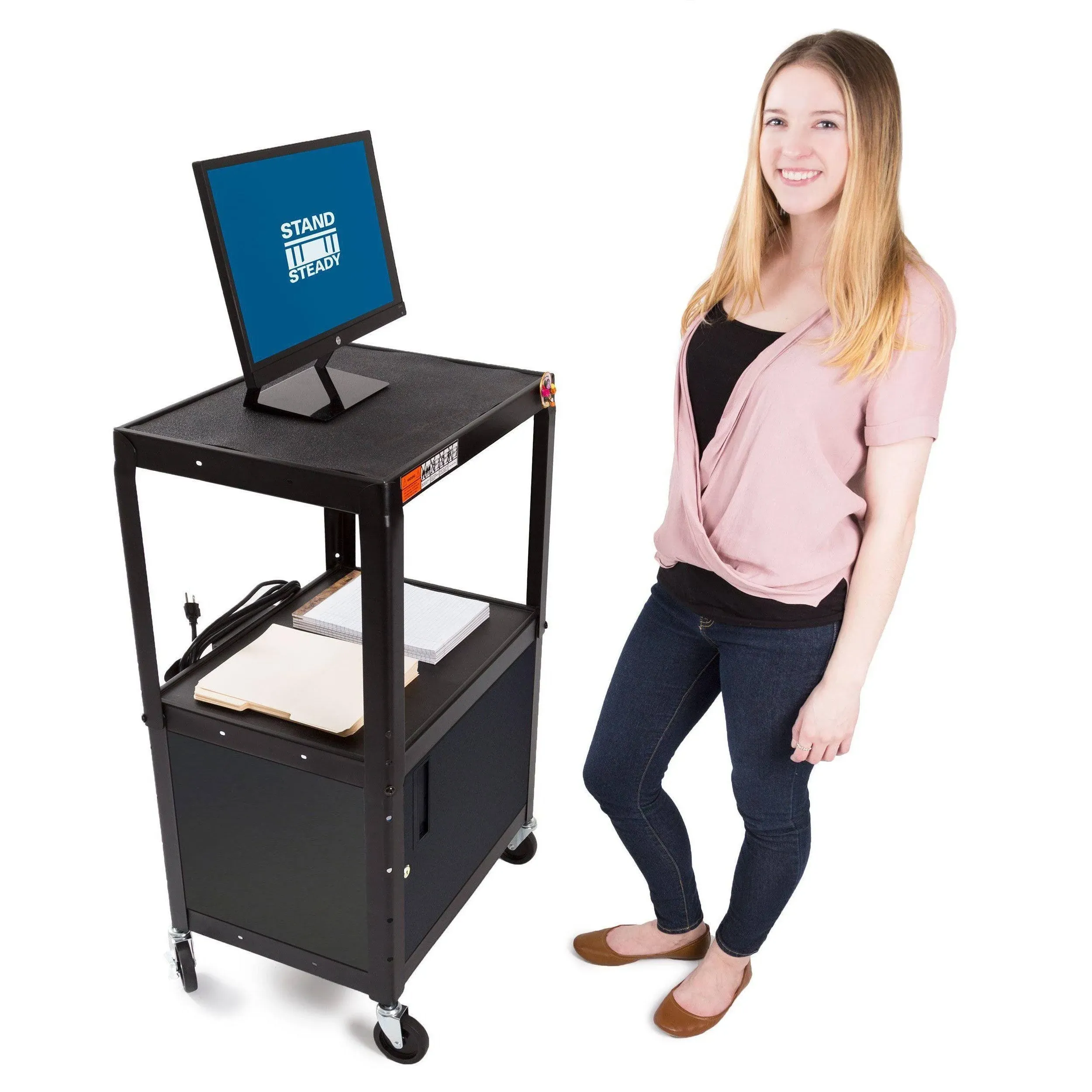 Line Leader AV Cart w/Locking Cabinet, Black Metal Utility Cart with Storage Shelf - Height Adjustable, Mobile and Great for Offices, Classrooms, Libraries (Black, 24in x 18in)