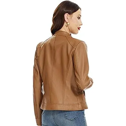 Fahsyee Zip Leather Jackets for Women Motorcycle Faux PU Moto Biker Outwear Coat