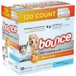 Bounce Pet Hair and Lint Guard Mega Dryer Sheets with 3X Pet Hair Fighters, Unscented, 120 Count