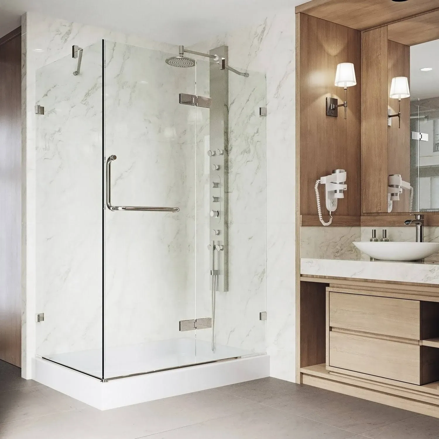 VIGO Monteray 32 x 40 Frameless .375-in. Clear Glass/Brushed Nickel Hardware Shower Enclosure with Right Base