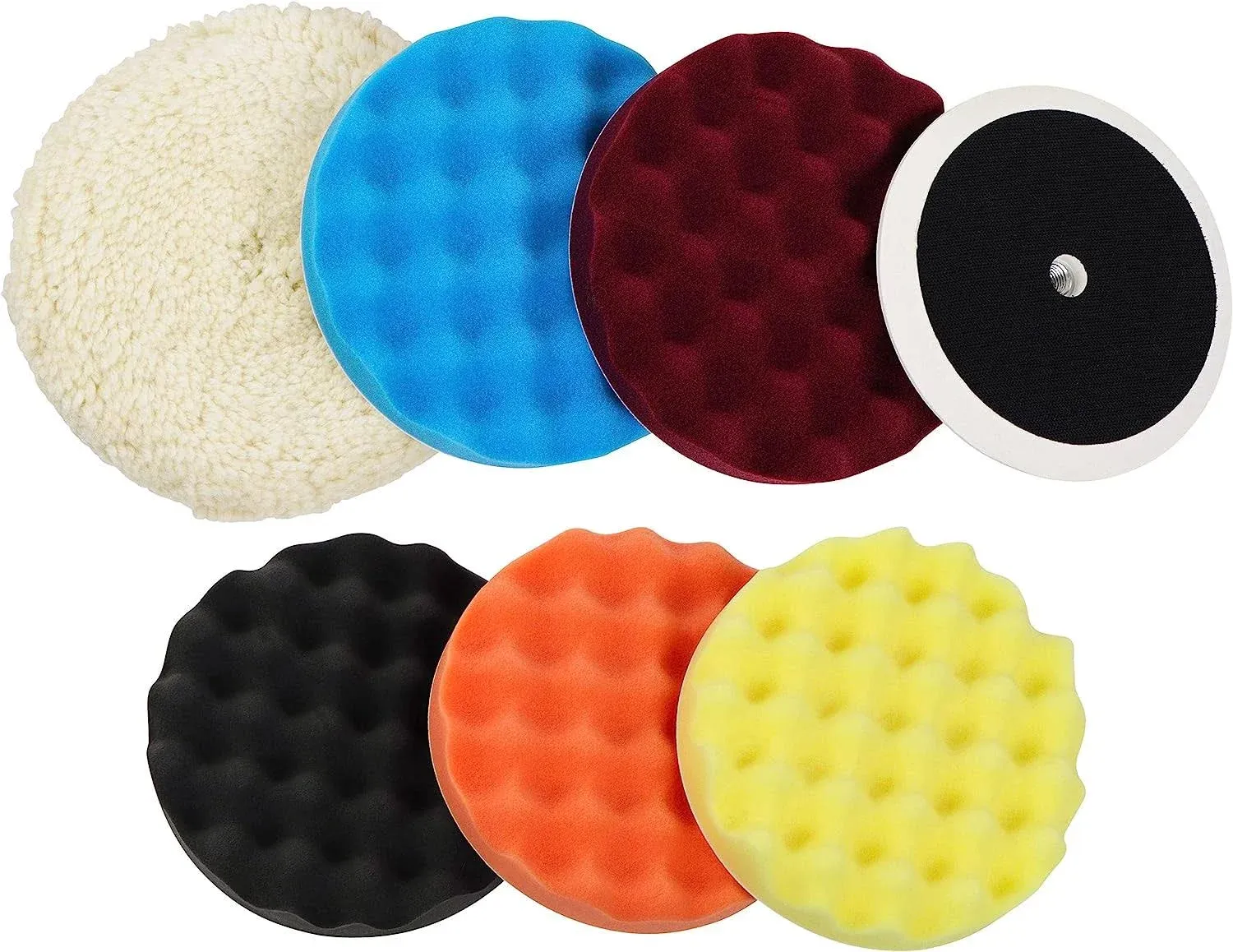 ABN 7 Piece Buffing and Polishing Exterior Detail Kit - includes 6 8” Inch Pads; 5 Waffle Foam Pads, 1 Wool Grip Pad, and 5/8" Threaded Backing Plate for Waxing, Buffing, Polishing