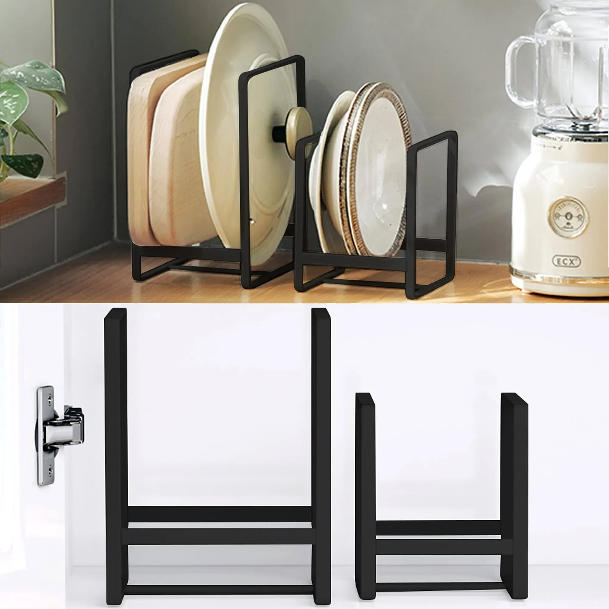 4PCS Plate Holders Organizer, Metal Dish Storage Dying Display Rack for Cabinet, Counter and Cupboard - Black， 2 Small and 2 Large