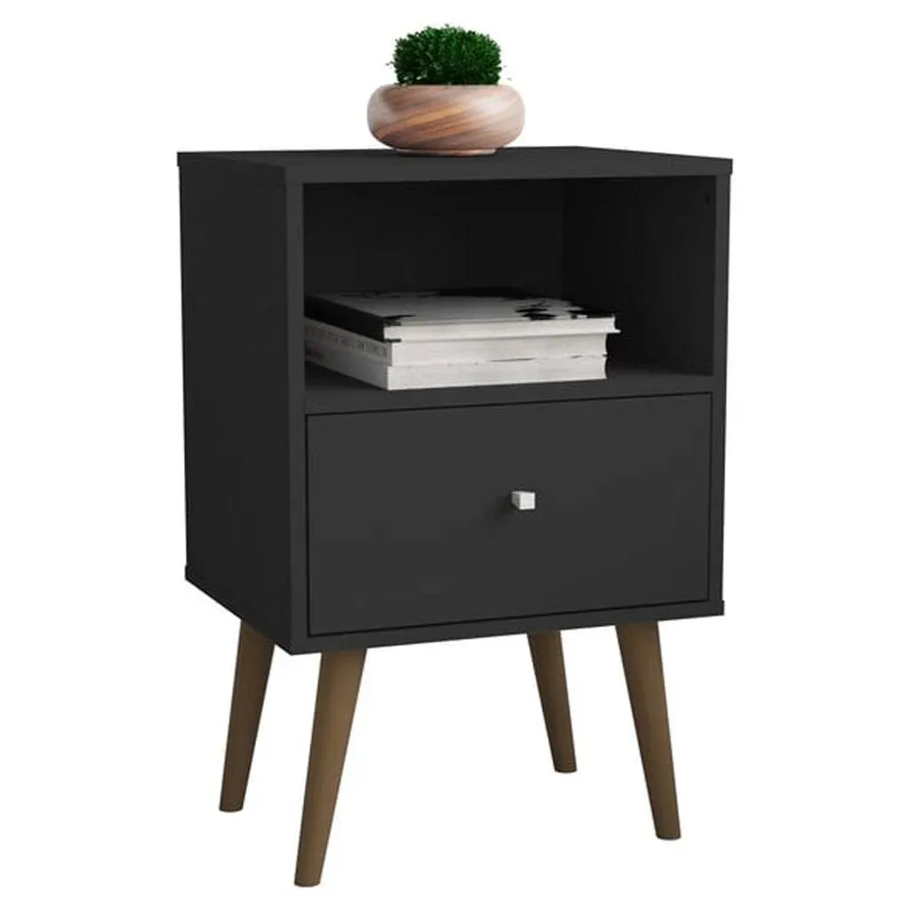 Manhattan Comfort 203AMC8 - Liberty Mid Century Modern Nightstand 1.0 w/ 1 Cubby Space & 1 Drawer in Black