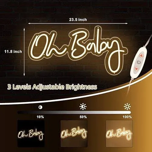 ATOLS Oh Baby Large Neon Sign for Wall Decor, with Dimmer Switch, 12V Reusable Neon Light Sign for Baby Shower Decorations, Birthday Party, Wedding Decor, Warm White,Size 23.5X11.8 inches