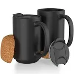 Extra Large Ceramic Coffee Mug w/Lid and Cork Coaster Bottom - 17oz Slideproof Coffee Cups w/Handle and Sip and Cover Lid - Set of 2 Dishwasher Safe Ceramic Travel Mugs - Reusable Black Insulated Cup