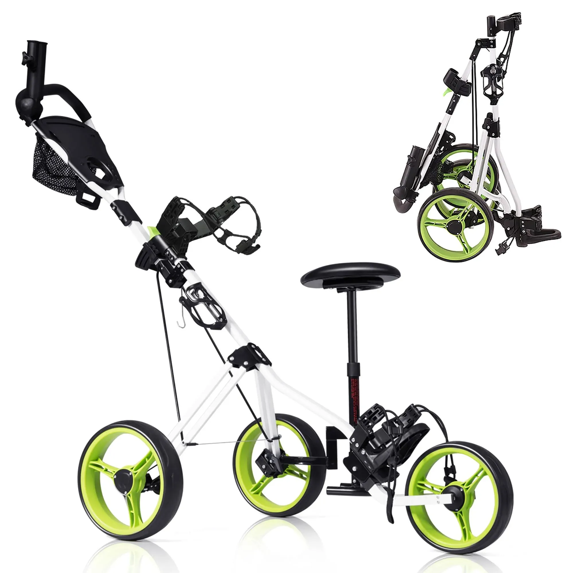 Foldable 3 Wheels Push Pull Golf Trolley with Scoreboard Bag