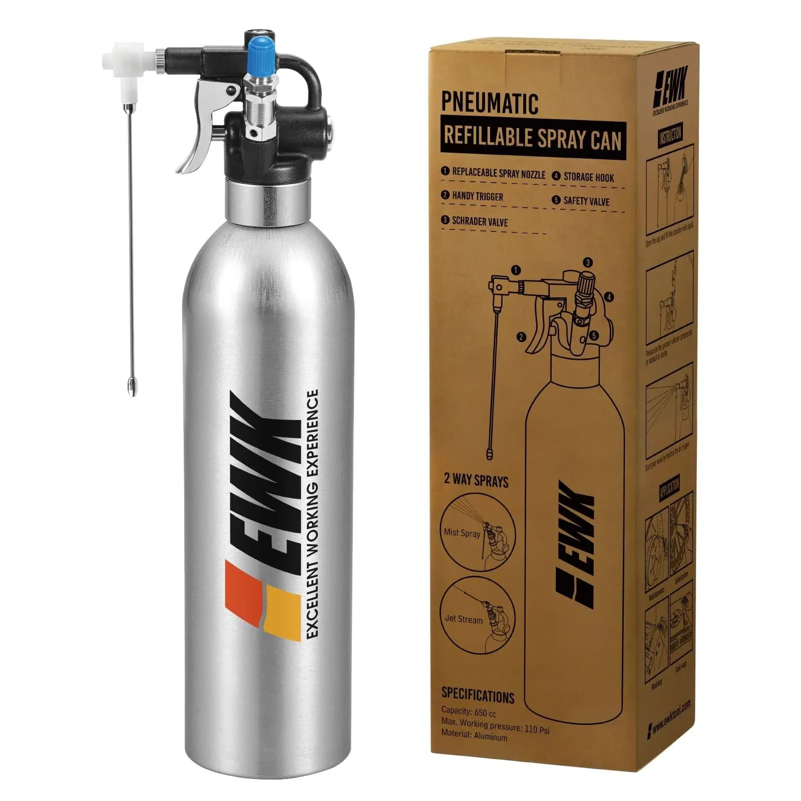 EWK Patented Aluminum Refillable Aerosol Spray Can, Pneumatic Sprayer for Lubrication and Anti-Rust