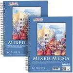 U.S. Art Supply 11" x 14" Mixed Media Paper Pad Sketchbook, 2 Pack, 60 Sheets, 98 lb (160 gsm) - Spiral-Bound, Perforated, Acid-Free - Artist Sketching, Drawing, Painting Watercolor, Acrylic, Wet, Dry