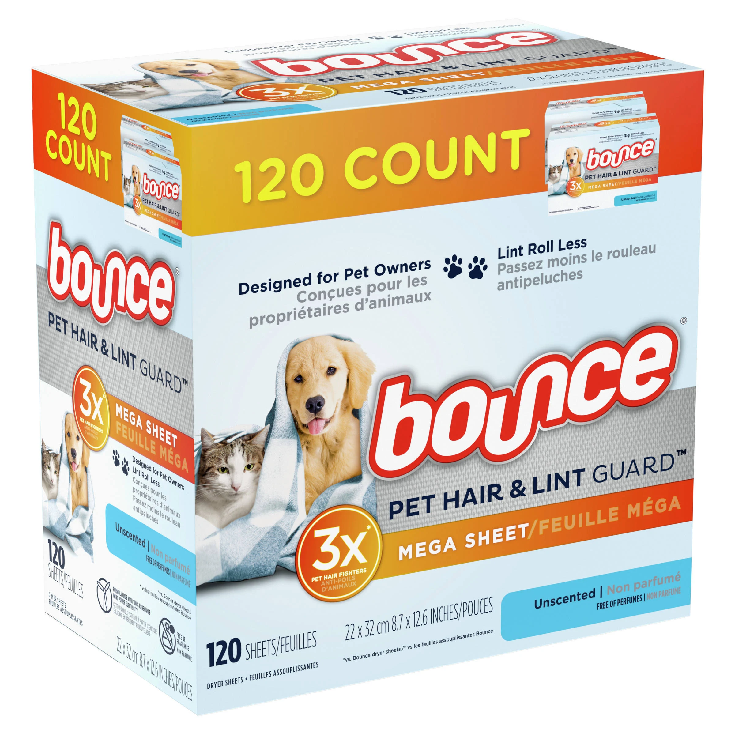 Bounce Pet Hair & Lint Guard Dryer Sheets, Unscented, Mega Sheet - 120 sheets