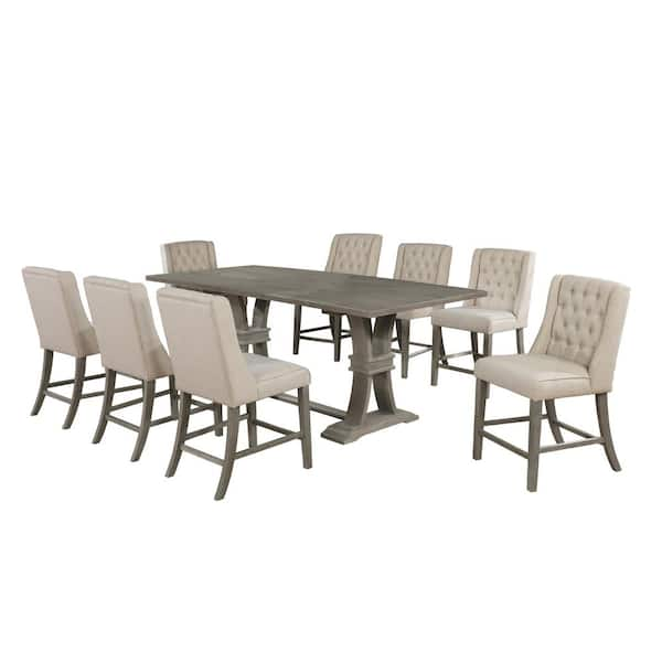 Rustic Counter-Height Gray Wood 9pc Dining Set with Beige Linen Chairs