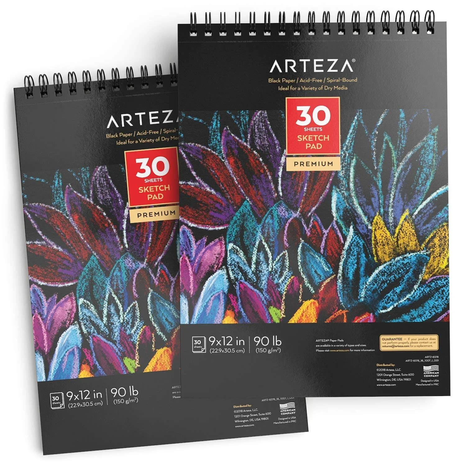 Arteza Black Paper Sketch Pad, 9 inch x 12 inch, 30 Sheets, Pack of 2