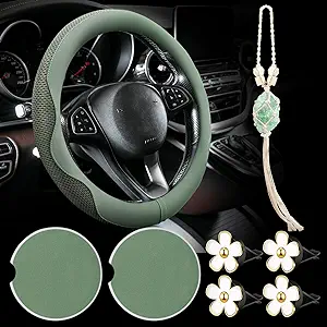 BBTO Sage Green Car Accessory Set - Steering Wheel Cover, Ceramic Mat, Daisy Flower Air Vent Clip Car Air Freshener, Crystal Car Hanging Ornament