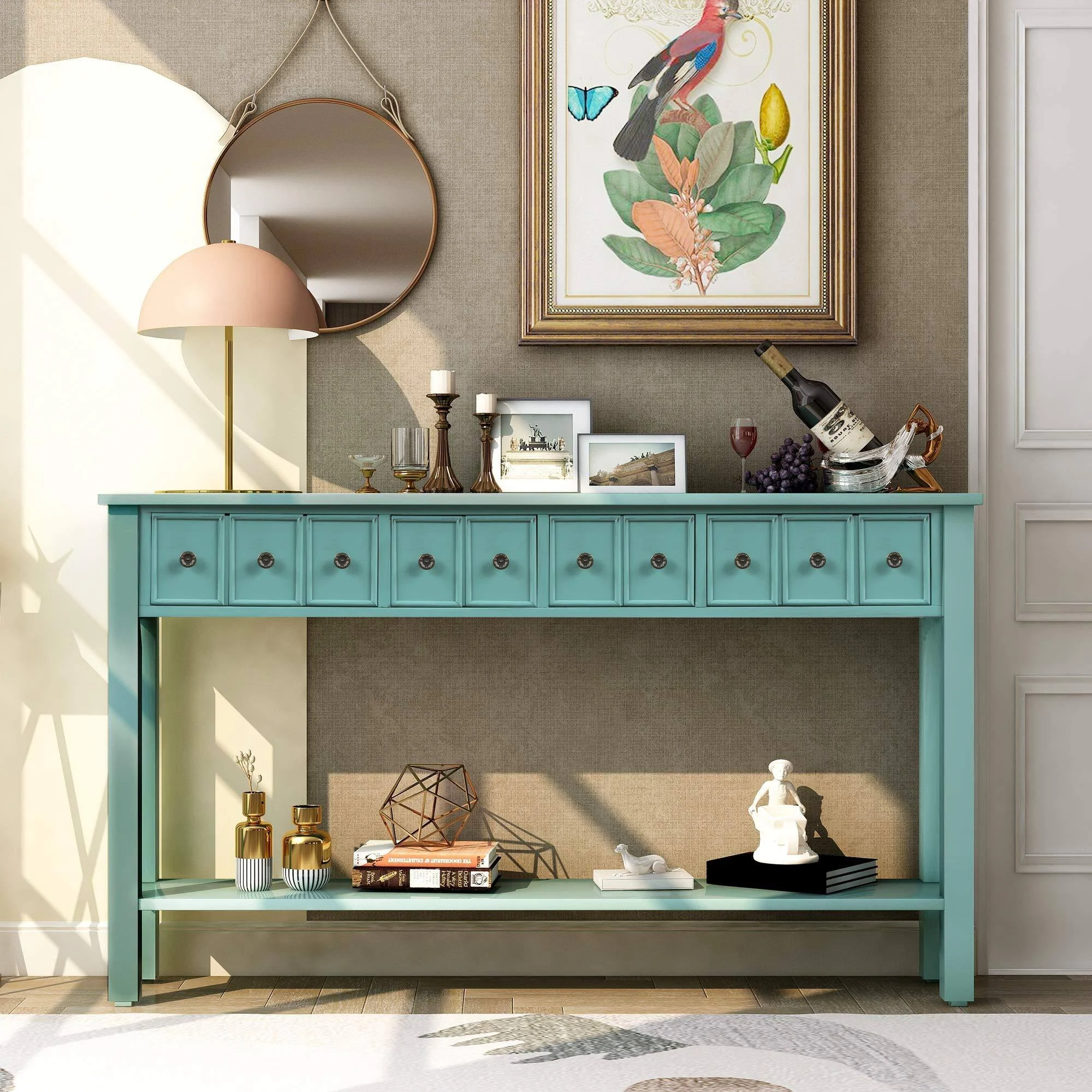 P PURLOVE Console Table Rustic Entryway Table 60" Long Sofa Table with 4 Drawers in Two Different Size and Bottom Shelf for Storage (Turquoise Green)