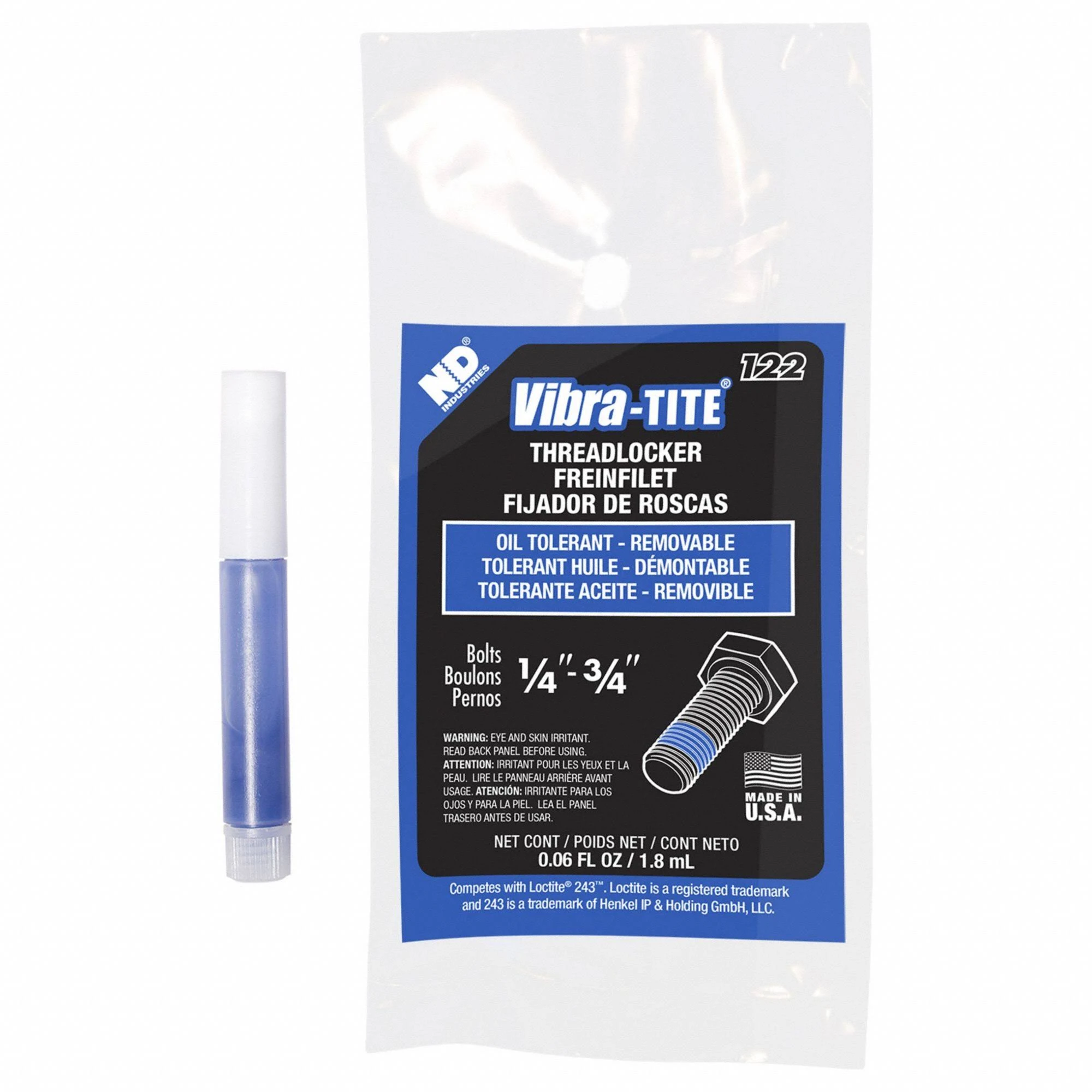 Vibra-Tite 122 Oil Tolerant Removable Anaerobic Threadlocker, 50 ml Bottle, Blue