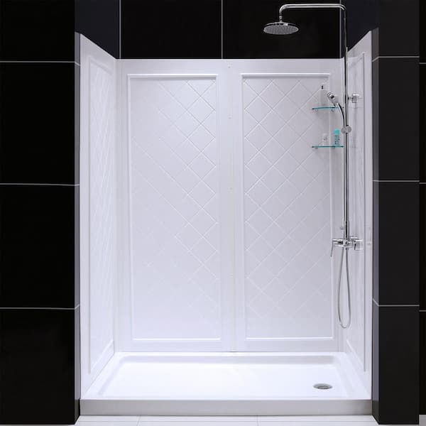 DreamLine 30 in. D x 60 in. W x 76 3/4 in. H Right Drain Acrylic Shower Base and QWALL-5 Backwall Kit In White, DL-6189R-01