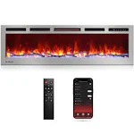 TURBRO 60” Smart WiFi Infrared Stainless Steel Electric Fireplace with Sound Crackling, Realistic Flame, 1500W Quartz Heater, Recessed or Wall