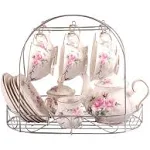 ufengke 15 Piece European Bone China Coffee Cup Set, Ceramic Porcelain Tea Cup Set with Metal Holder, Tea Gift Sets, Pink CAMELL