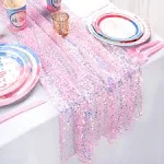 Pink Table Runner 10FT Glitter Iridescent Sequin Table Runner 25x120 Inches for Bridal Baby Shower Girls Birthday Party Sweetheart Table Decorations