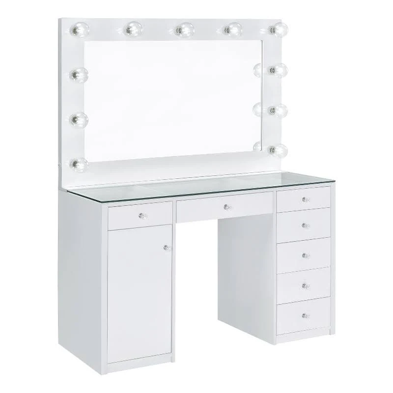 Maklaine 7-Drawer Wood & Glass Vanity Desk with LED Lighting in White