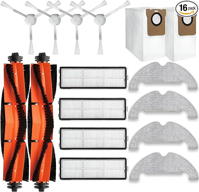 Replacement Parts Kit For Dreametech D10 Plus Robot Vacuum Cleaner RLS3D Accessories, 2 Main Roller Brush, 4 Side Brush, 4 Hepa Filter, 4 Mop Pad, 4 Dust Bags (18Pcs)