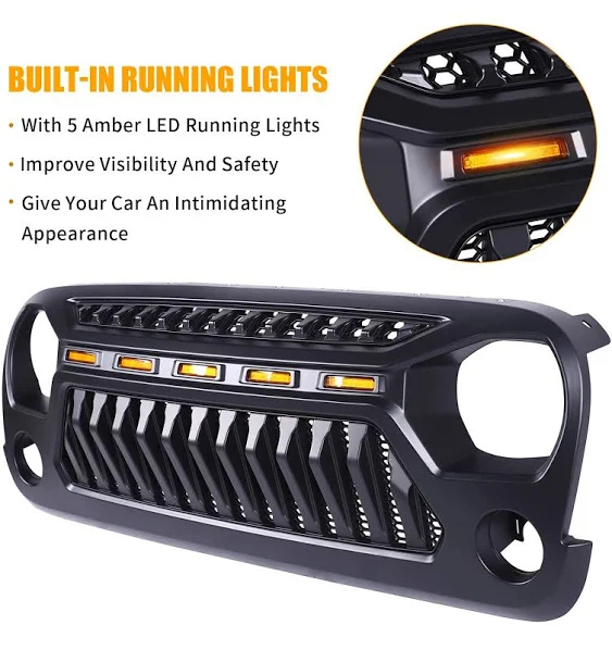 Front Grill Mesh Grille Cover Matte Black with Amber LED Running Lights for 2007-2018 Jeep Wrangler JK JKU Accessories & Unlimited Rubicon Sahara Sport, ABS