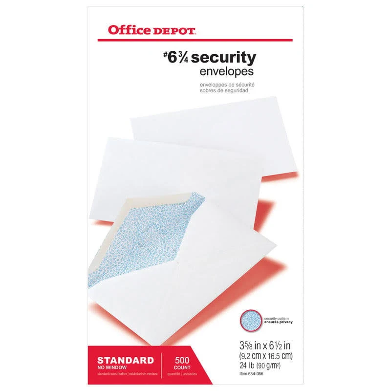 Office Depot&reg; Brand #6 3/4 Security Envelopes, 3-5/8&quot; x 6-1/2&quot;, Gummed Seal, White, Box Of 500