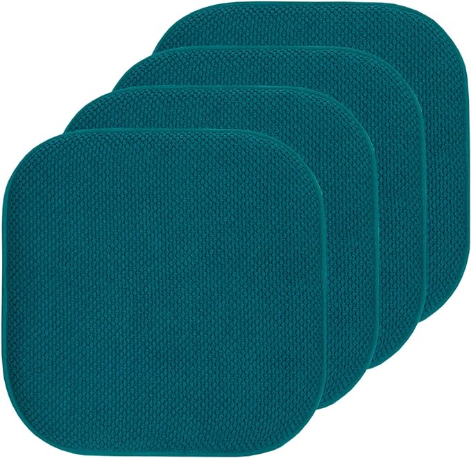 Sweet Home Collection Chair Cushion Memory Foam Pads Honeycomb Pattern Slip Non Skid Rubber Back Rounded Square 16" x 16" Seat Cover, 4 Pack, Peacock Blue