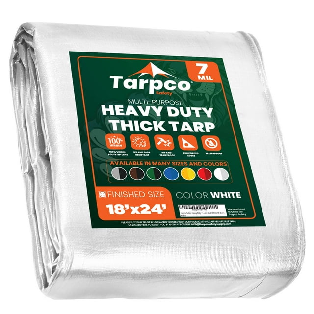 "Tarpco Safety 18' x 24' White Heavy-Duty Weatherproof 7 Mil Poly Tarp with Reinforced Edges"