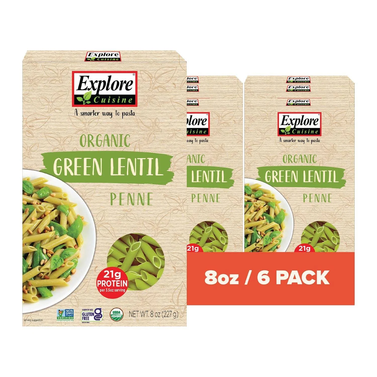 Explore Cuisine Organic Green Lentil Penne - Pack of 6 (8 oz) - Easy-to-Make Gluten Free Pasta - High in Plant Protein & Fiber - Organic, Non-GMO - 48 Total Servings