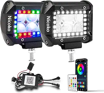 RGB Led Pods 2 Pcs 4Inch 18W 3600LM Multicolor Spot Chase Lights App&amp;Remote Cont